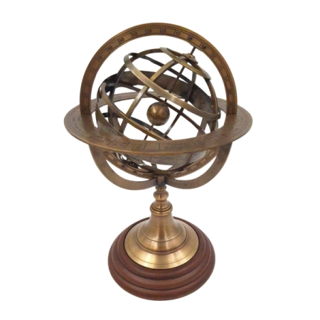 Mosiężne astrolabium sferyczne na drewnianej podstawie, mosiężny model sfery niebieskiej (Sfera Armilarna) podstawowy żeglarski przyrząd nawigacyjny